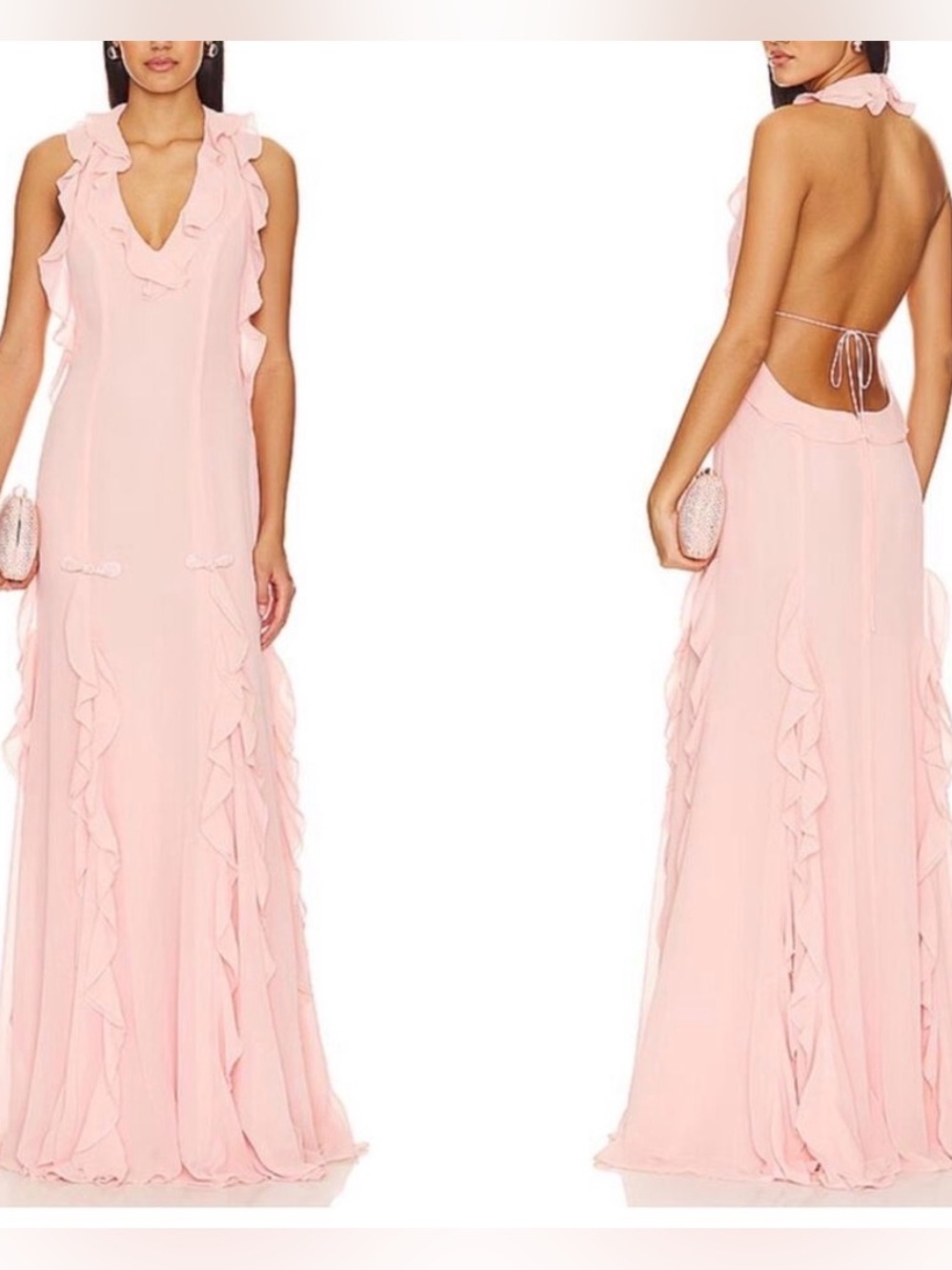 Sau Lee Fiona Baby Pink Ruffle Halter Neck Maxi Dress NEW NWT